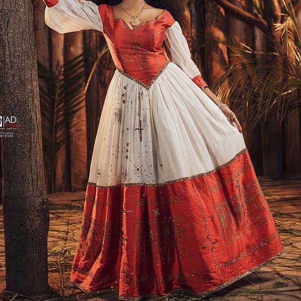 ethiopian dress Stylish Two-Piece Habesha Dress with pink Tibeb – Modern Ethiopian Traditional Dress main image 1