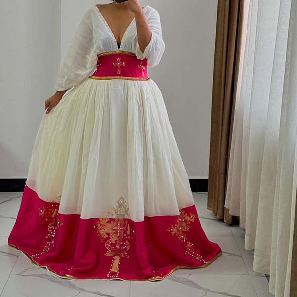 open lace back dress Hot Pink And Green Habesha Chiffon – ArifTibeb main image 0