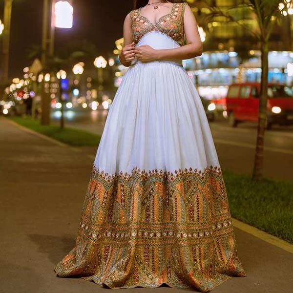slim fit dress slacks Ethiopian Dress with Pink, Yellow, White and Black Patterns, Pretty in main image 1